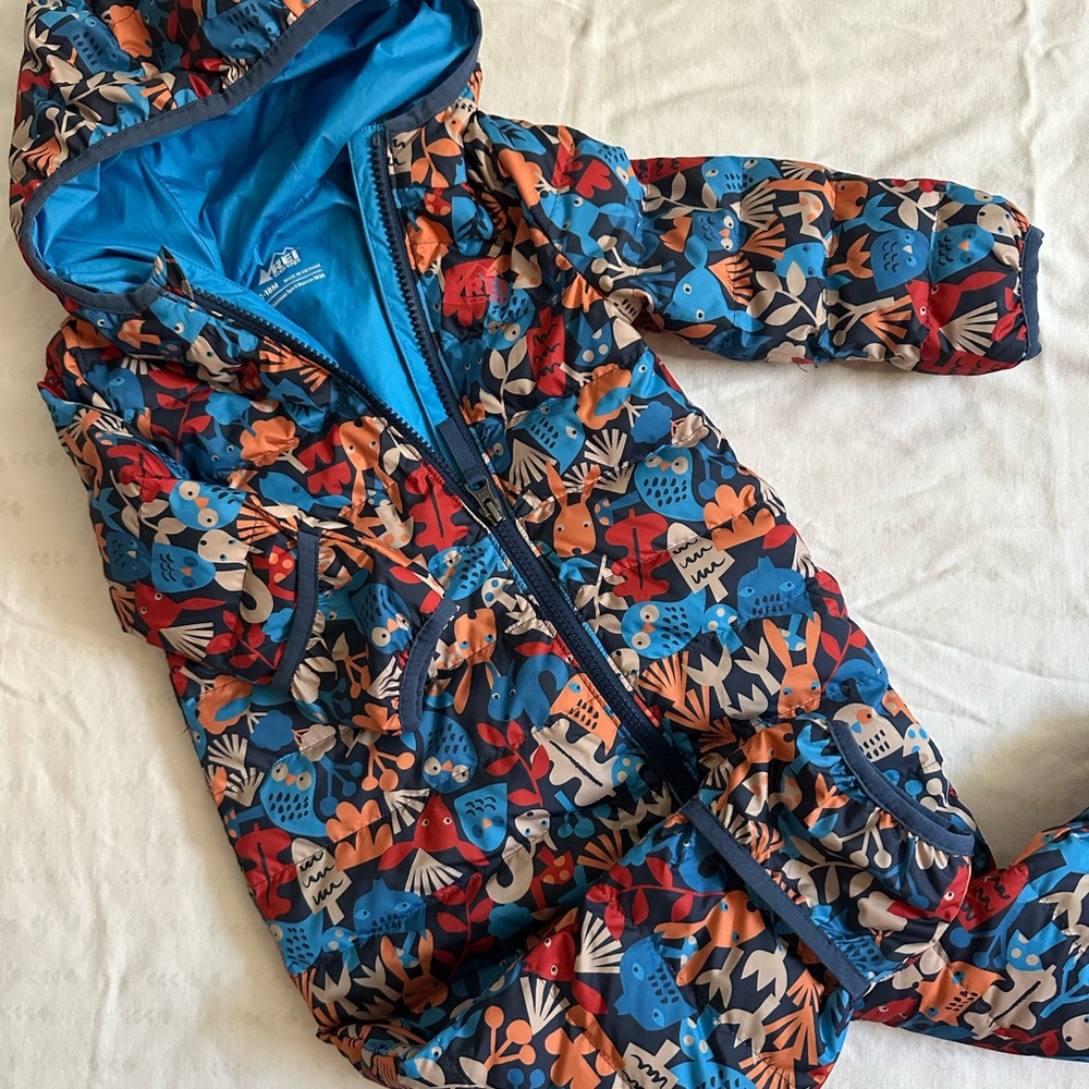 REI woodland animal baby insulated snowsuit with hand and foot cuffs